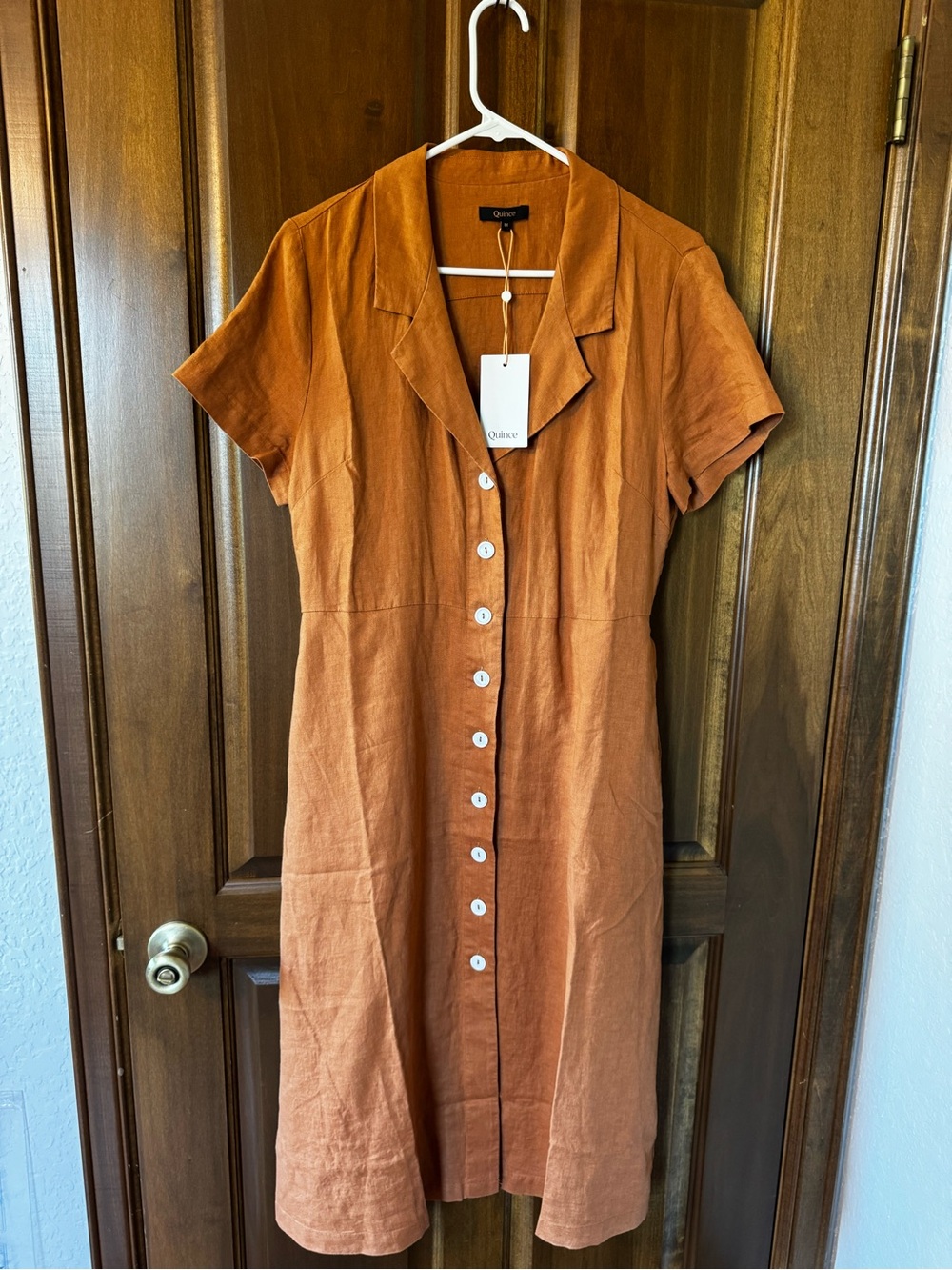 NWT Quince Women's Button-Front Short Sleeve Linen Dress in Rust